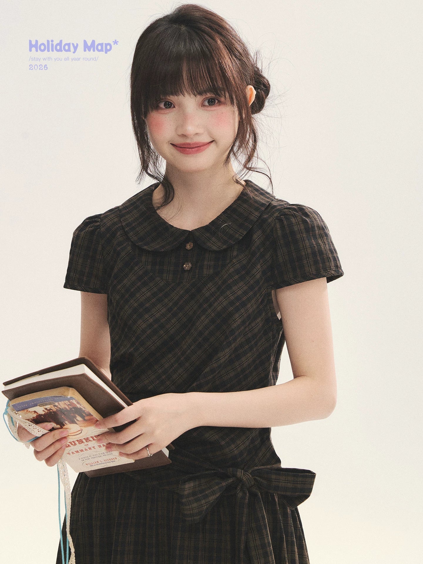 "Vintage Scholar" Black Brown Plaid Bow Tie Peter Pan Collar Maxi Dress
