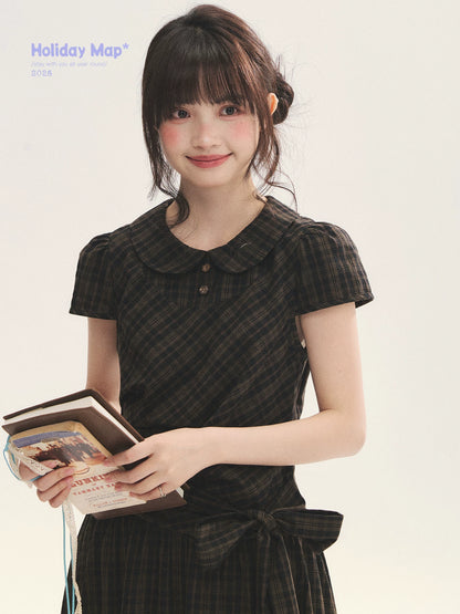 "Vintage Scholar" Black Brown Plaid Bow Tie Peter Pan Collar Maxi Dress
