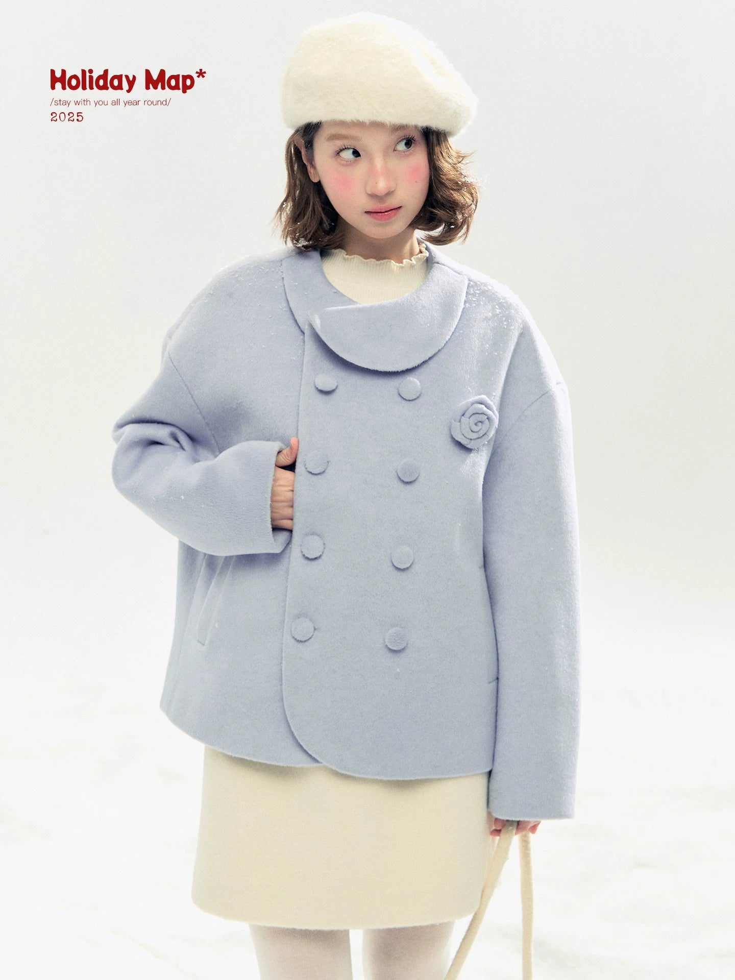 "Rose Manifesto" Frosted Blue Double-Breasted Quilted Wool-Blend Peacoat