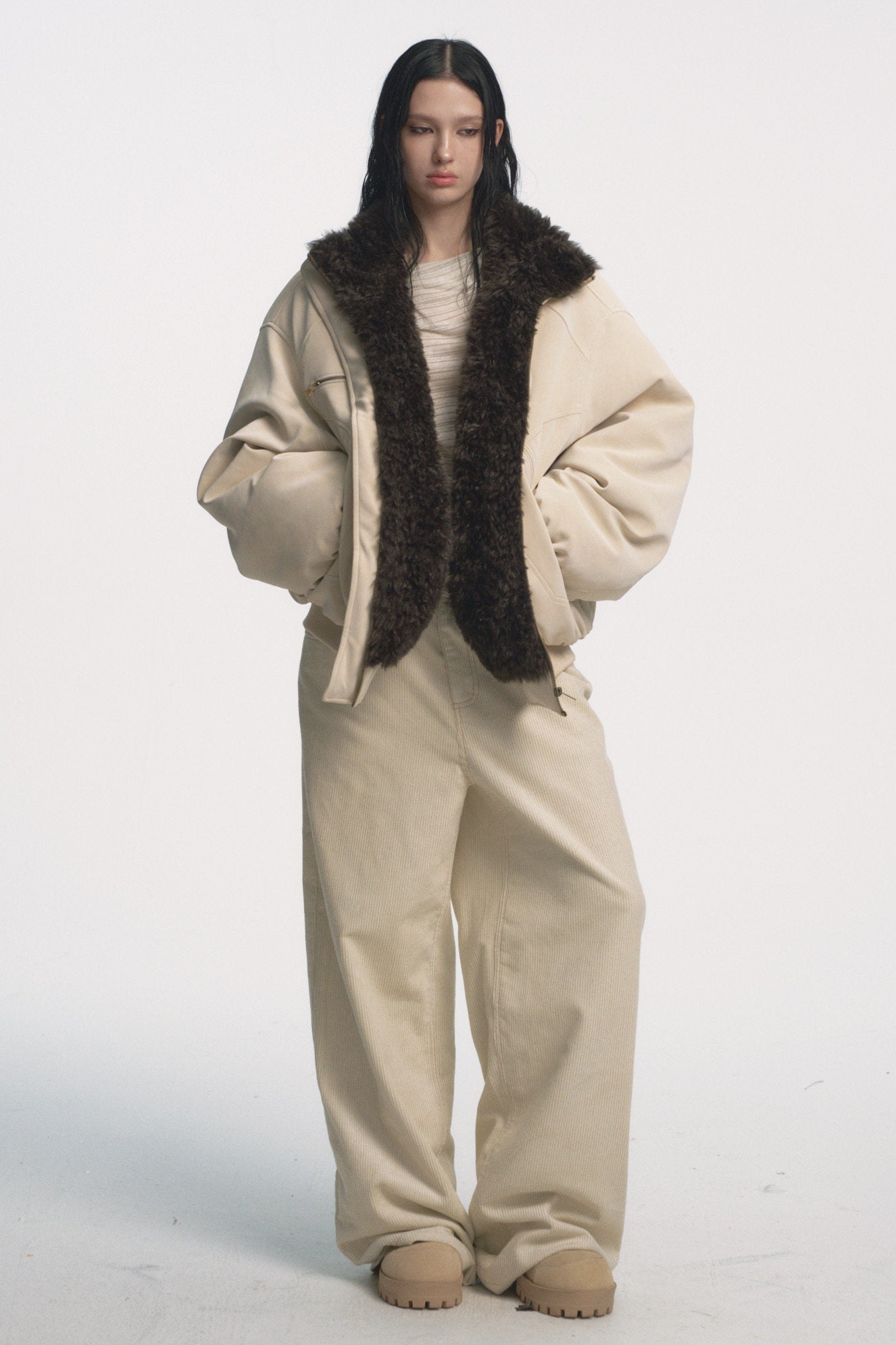 Muirgen - Ivory Reversible Faux Suede Shearling Jacket