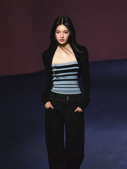 Vintage Stripe Contrast Knit Cami & Cropped Cardigan Set (Light Gray/ Black Blue)