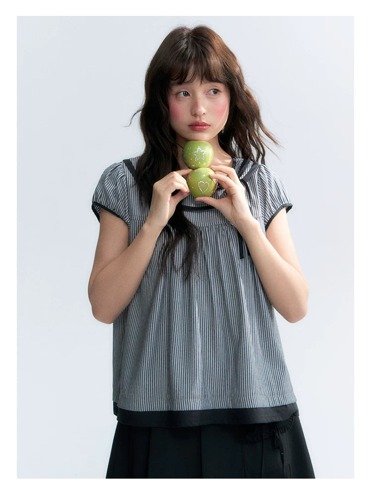 "Black Toast" Black Stripe Asymmetrical Collar Babydoll Blouse