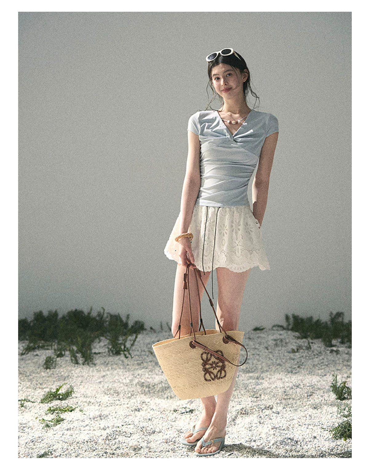 “Sheer Spring Whisper” Moonlight Blue Twist V-Neck Top