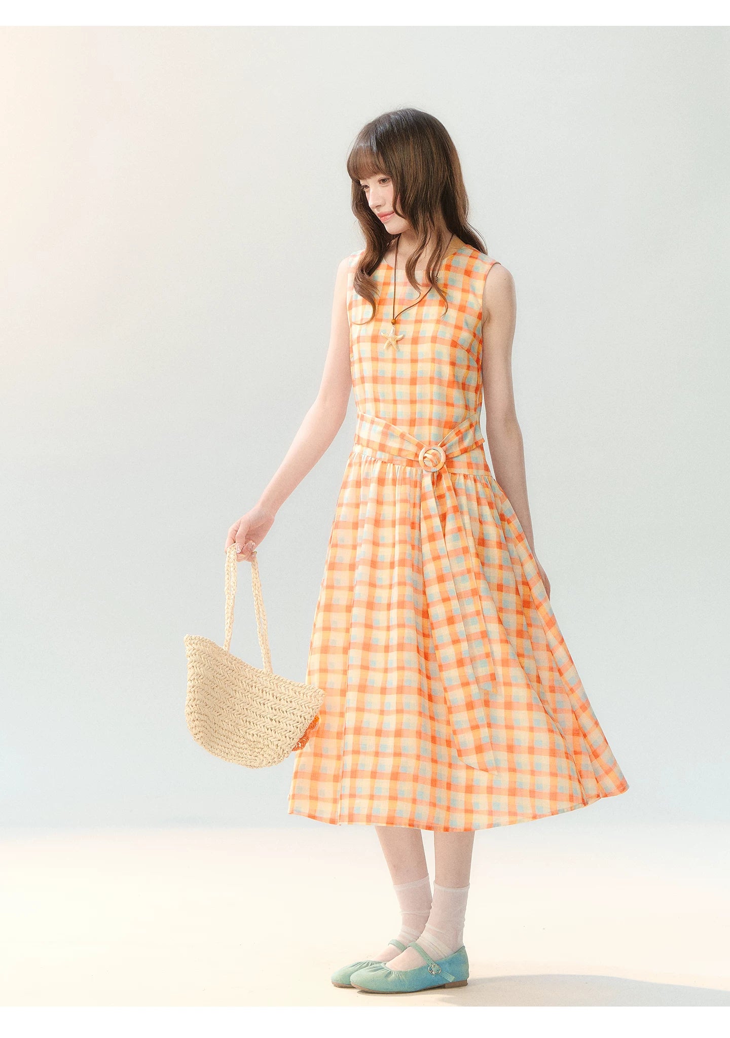 "Orange Sugar Cube" Tangerine Plaid Tie-Waist Sleeveless Dress SH2026201