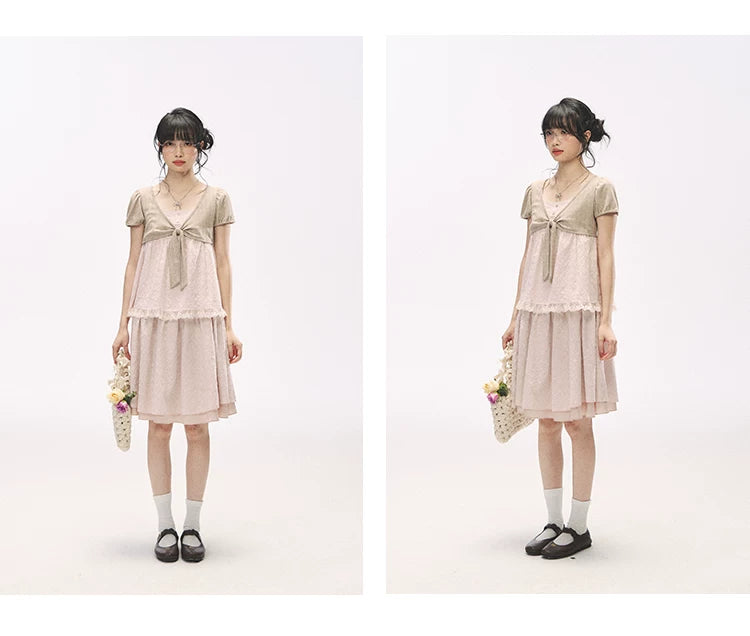 "Sweetheart Pages" Blush Pink Bow Puff Sleeve Top & A-Line Skirt Set