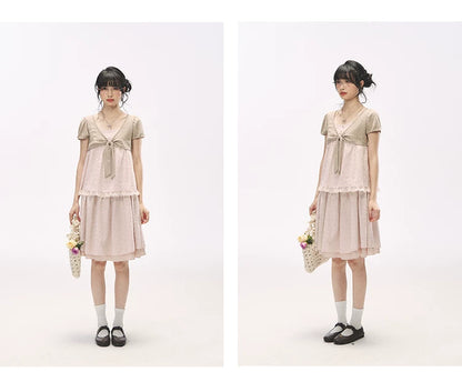 "Sweetheart Pages" Blush Pink Bow Puff Sleeve Top & A-Line Skirt Set