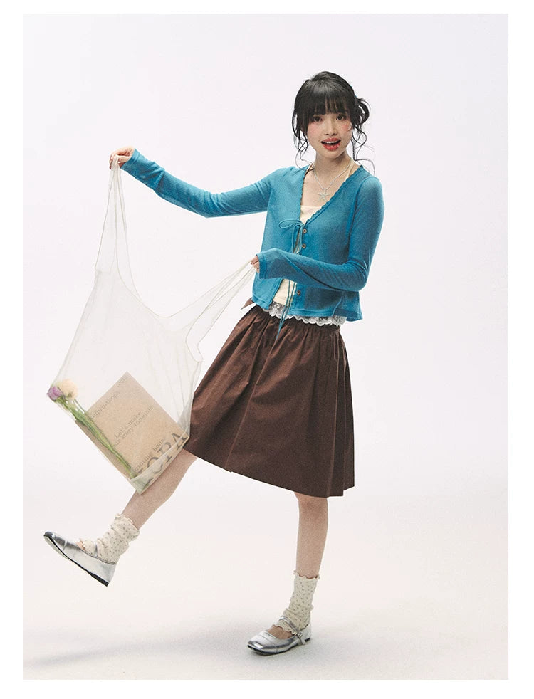 "Comfort Corner" Tie-Front Knit Cardigan (Melon Green/ Peacock Blue)