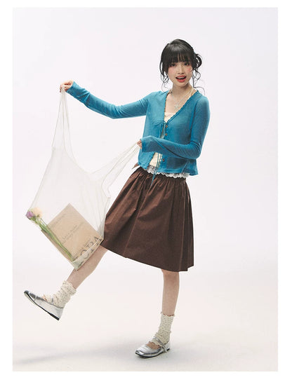 "Comfort Corner" Tie-Front Knit Cardigan (Melon Green/ Peacock Blue)