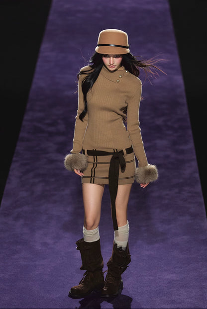 "Winter Whisper" Light Khaki Mock Neck Knit Mini Dress