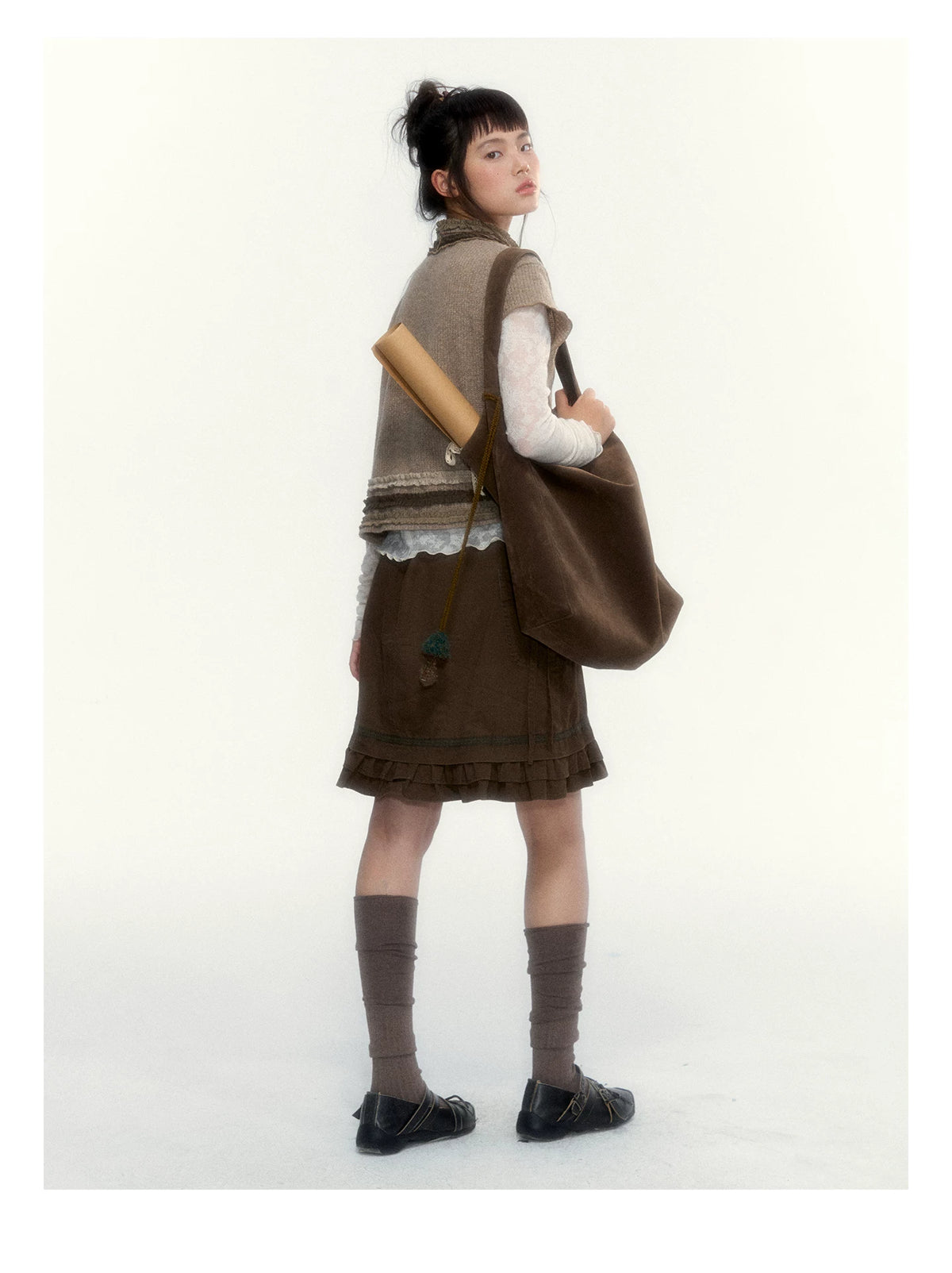 “Wild Caramel” Brown Washed Layered Ruffle Bow Pocket A-Line Skirt
