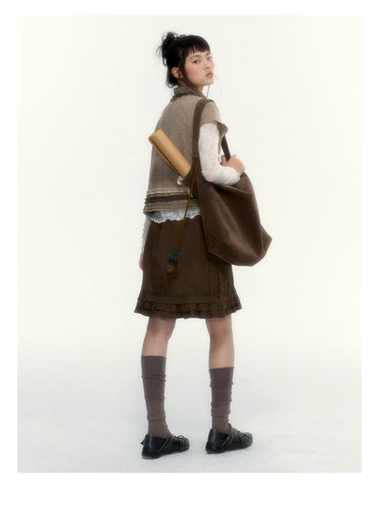 “Wild Caramel” Brown Washed Layered Ruffle Bow Pocket A-Line Skirt