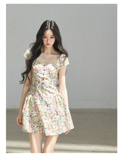 "Bloom in Full Glory" Dutch Cream Floral Puff Mini Dress