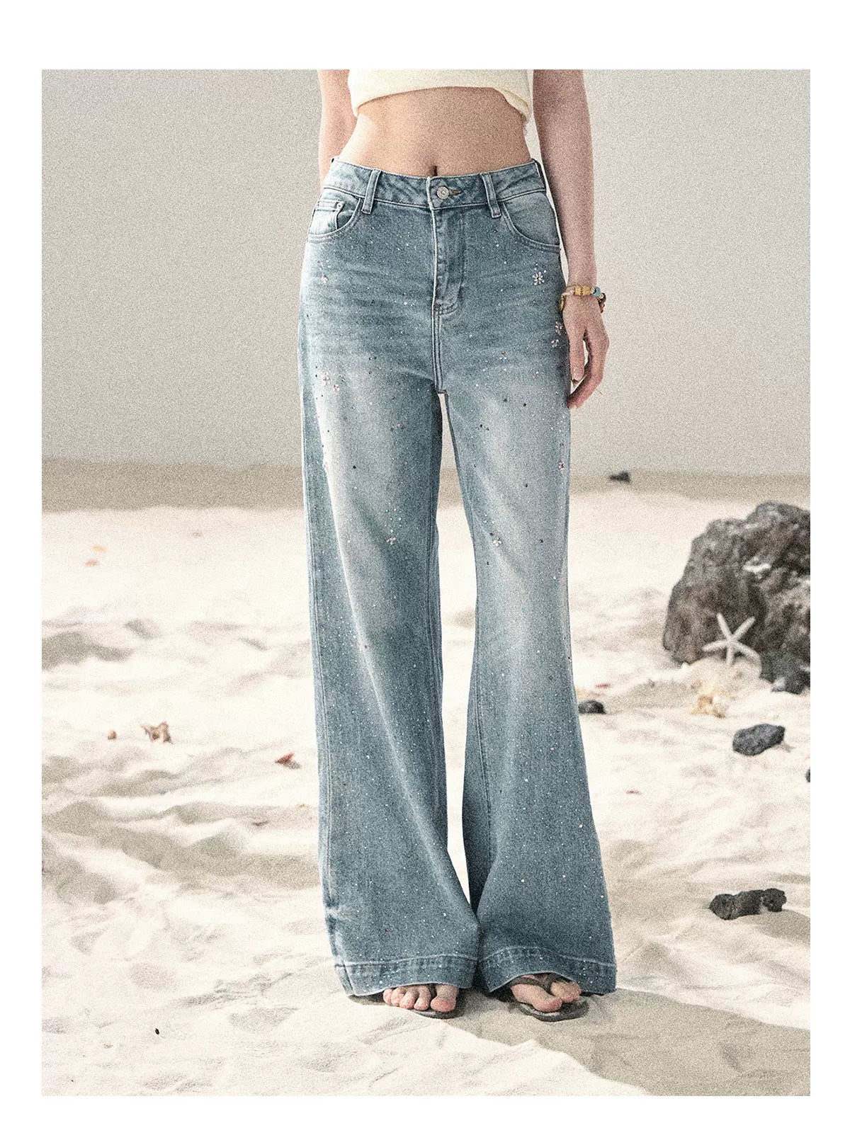 "Starlit River Shimmer" Distant Sky Blue Rhinestone Wide-Leg Jeans 65633