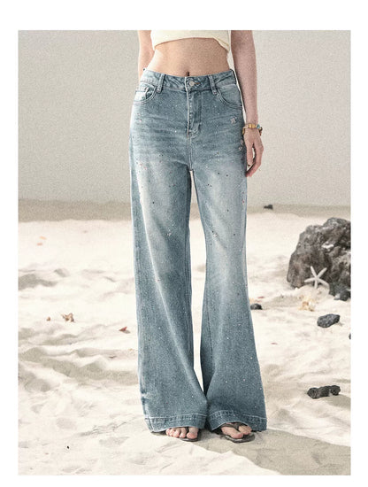 "Starlit River Shimmer" Distant Sky Blue Rhinestone Wide-Leg Jeans 65633