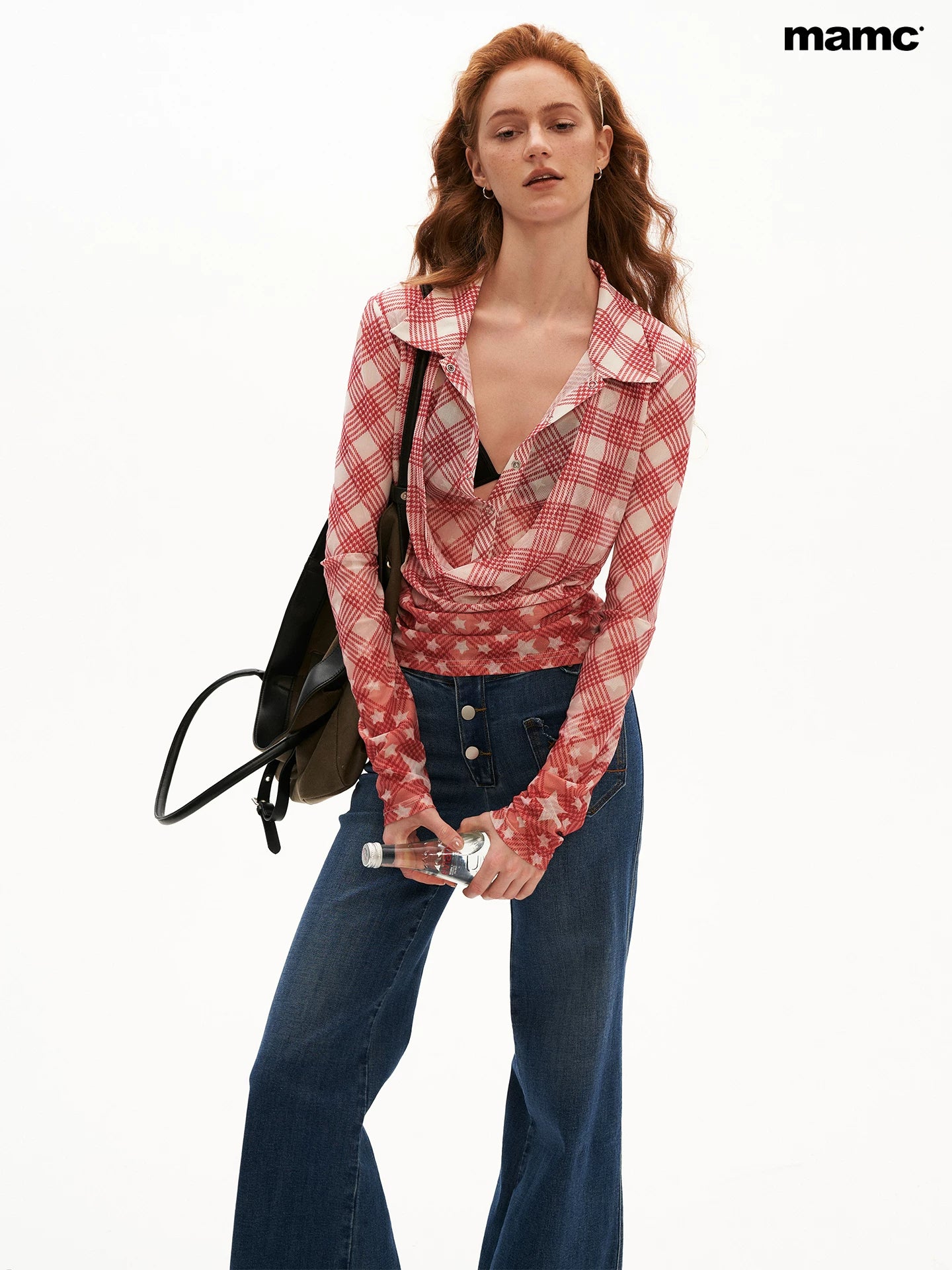 Layered Plaid Mesh Long Sleeve Shirt (Red / Blue)
