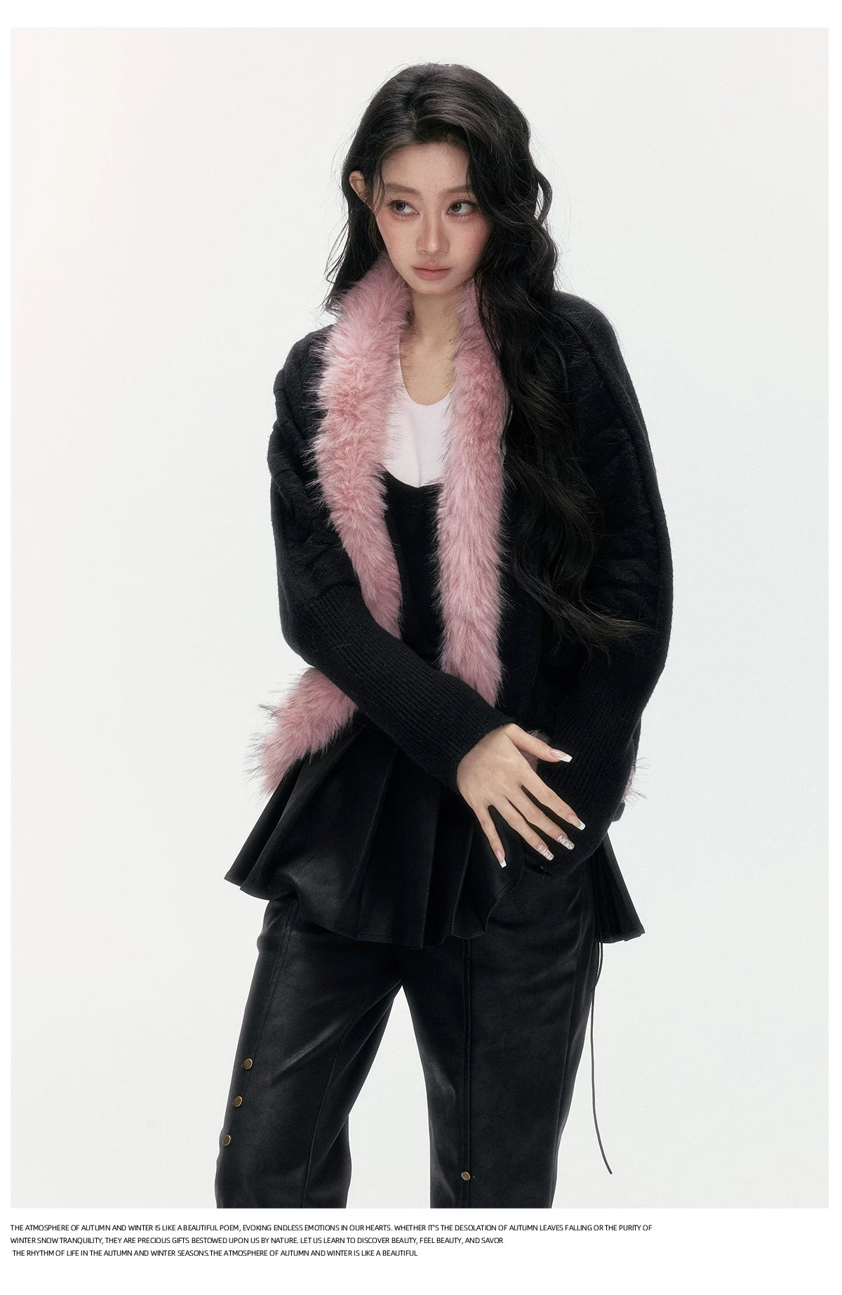 24olvides - Black Pink Cable Knit Cardigan with Detachable Faux Fur Collar