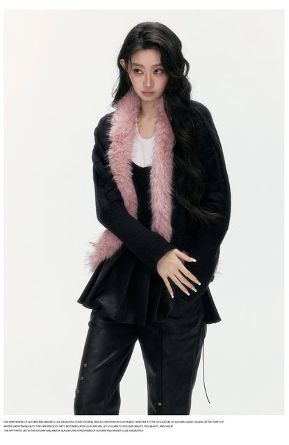 24olvides - Black Pink Cable Knit Cardigan with Detachable Faux Fur Collar
