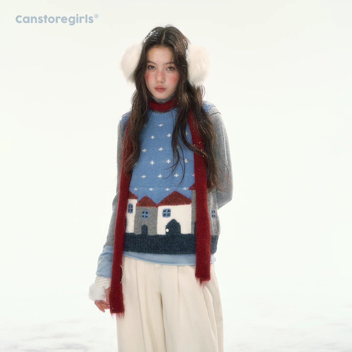CANSTORE - "Prague Snow Day" Blue Polka Dot Jacquard Knit Vest with House Motifs