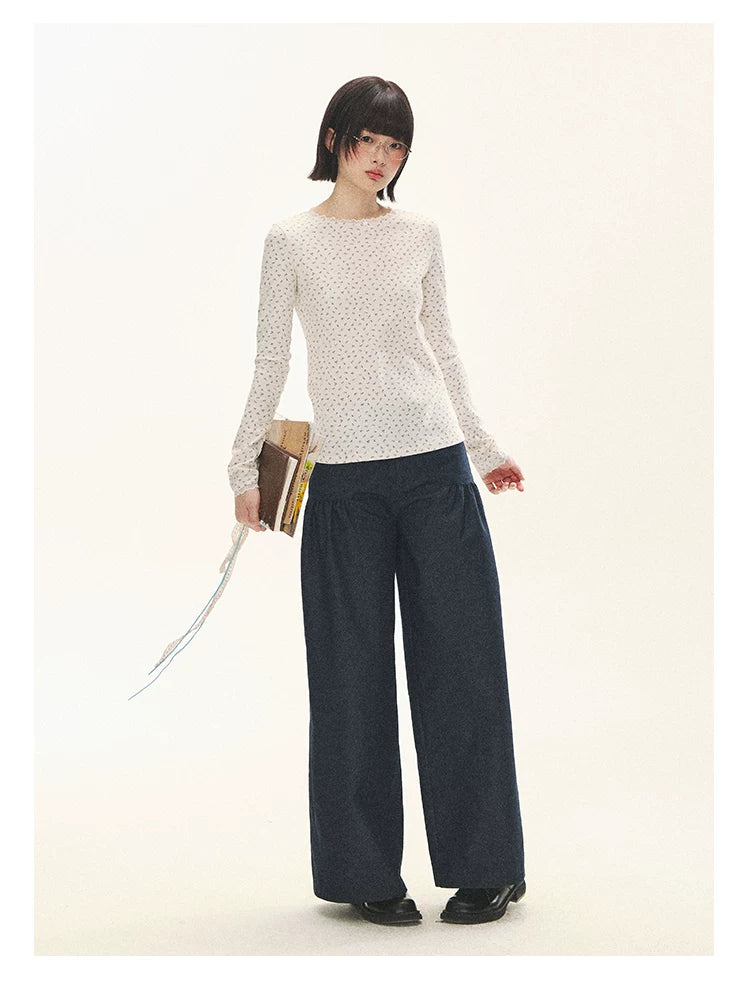 "Lazy Weekend" Deep Blue Ruched Wide Leg Jeans