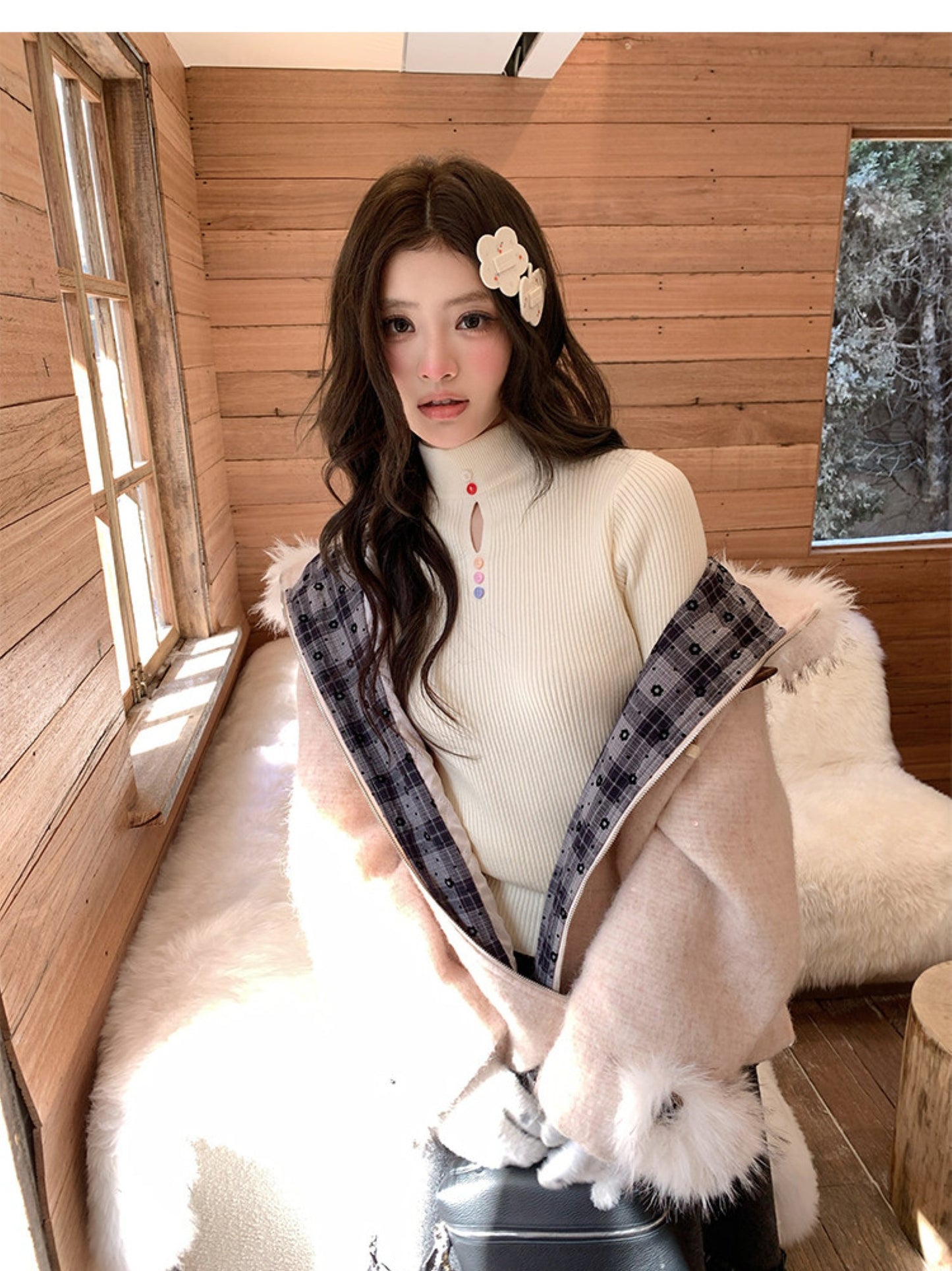 阮阮自制 - Soft Fog Apricot Pink Witch Hooded Wool Coat