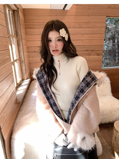 阮阮自制 - Soft Fog Apricot Pink Witch Hooded Wool Coat