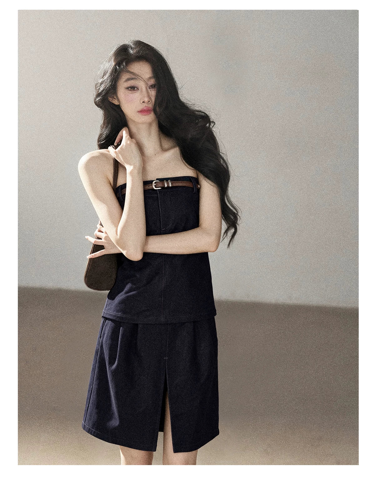 AOMALM - "Bluebell in Suspension" Navy Blue Korean Denim-Inspired 2-Piece Skirt Set