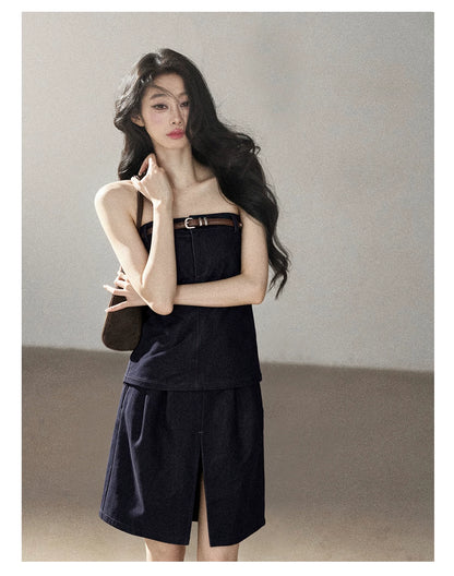 AOMALM - "Bluebell in Suspension" Navy Blue Korean Denim-Inspired 2-Piece Skirt Set