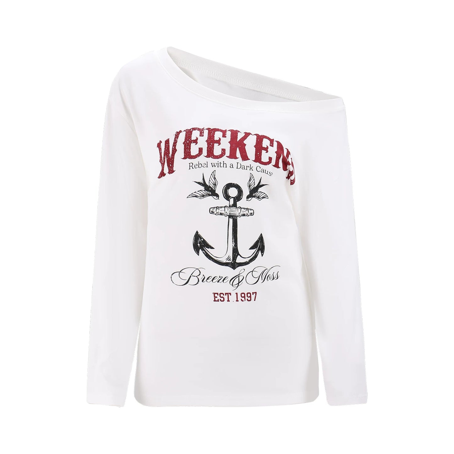 "Harbor Muse" White One-Shoulder Long Sleeve T-Shirt