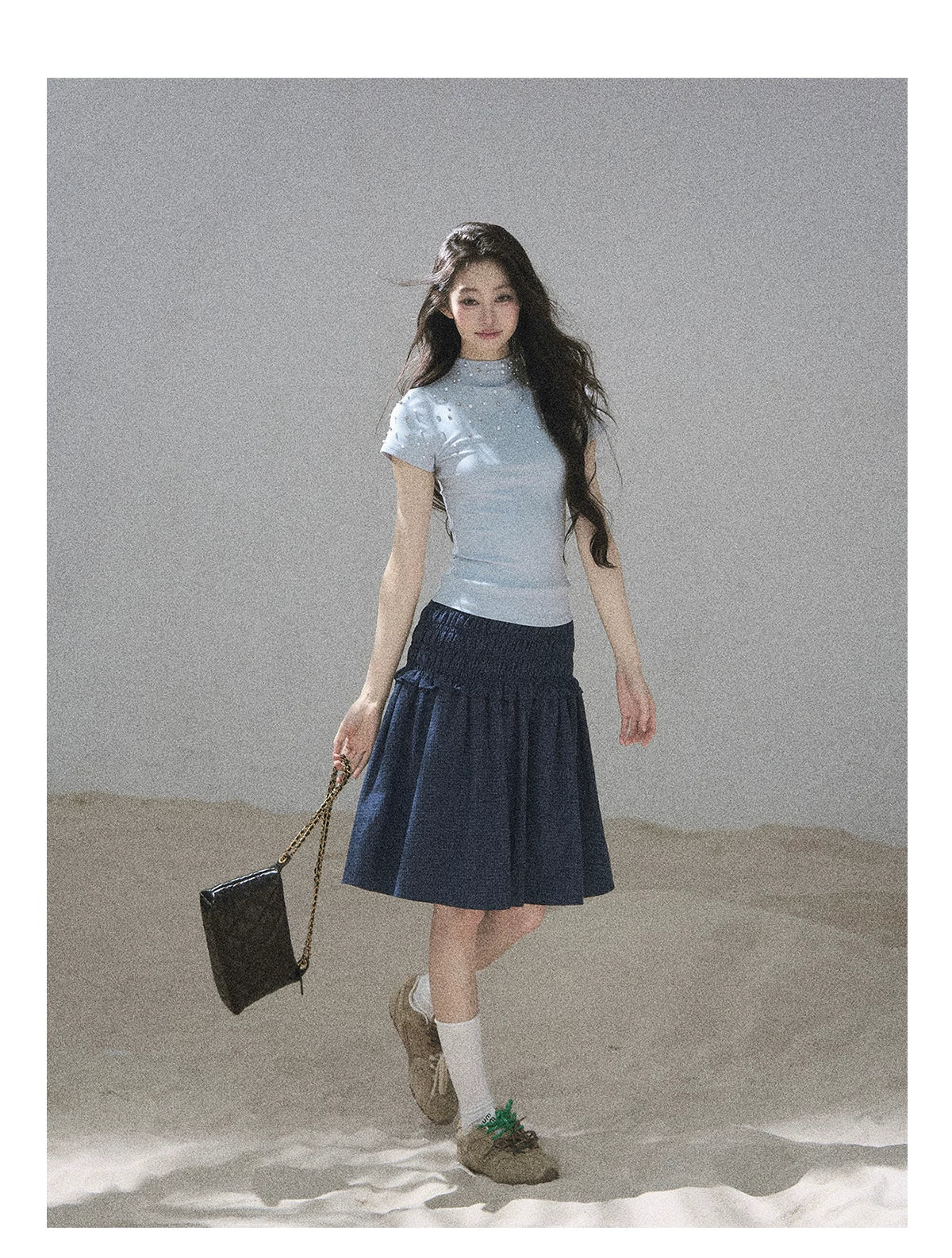 "Scattered Across the Milky Way" Pearl Beaded Knit T-Shirt (Haze Blue/ Sage Gray)