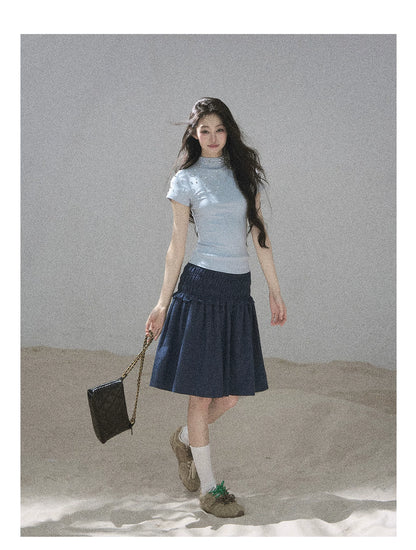 "Scattered Across the Milky Way" Pearl Beaded Knit T-Shirt (Haze Blue/ Sage Gray)