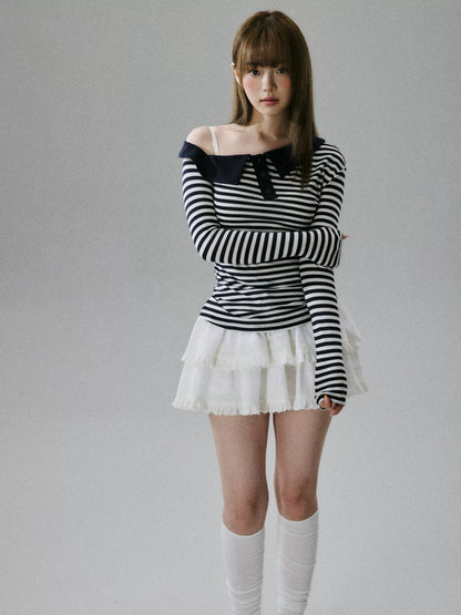 LOST FOREST - Striped Asymmetrical Lyocell-Wool Layering Top