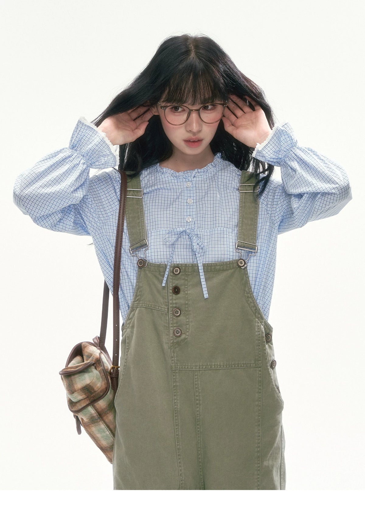 [CAN] Olive Green Floral-Trim Cargo Overalls