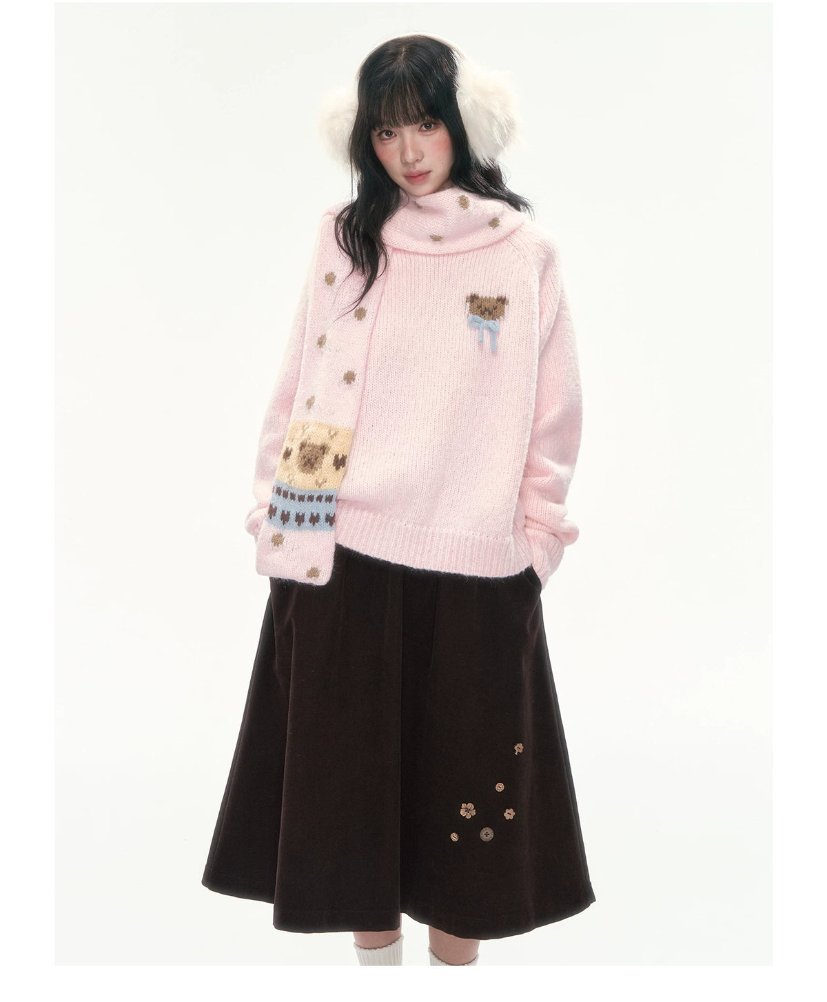 CAN - "The Little Bear Affair" Light Pink Teddy Bear Bow Jacquard Sweater