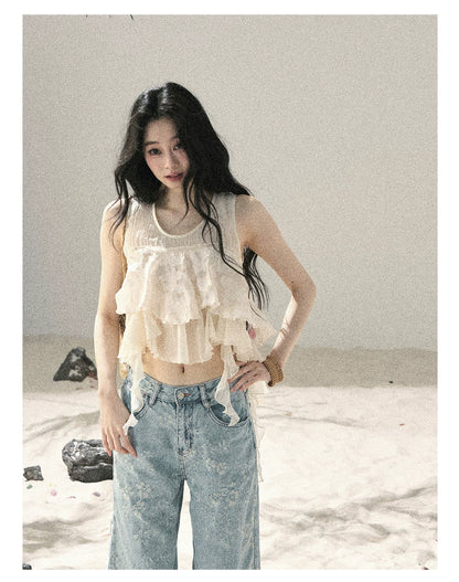 "Twinkling Starlight" Sky Blue Floral Rhinestone Wide-Leg Jeans