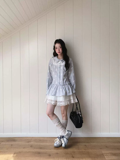 [[RF] “Blue Plaid Cloud Blossom” Baby Blue Plaid Long-Sleeve Ruffle Waist-Defined Dress