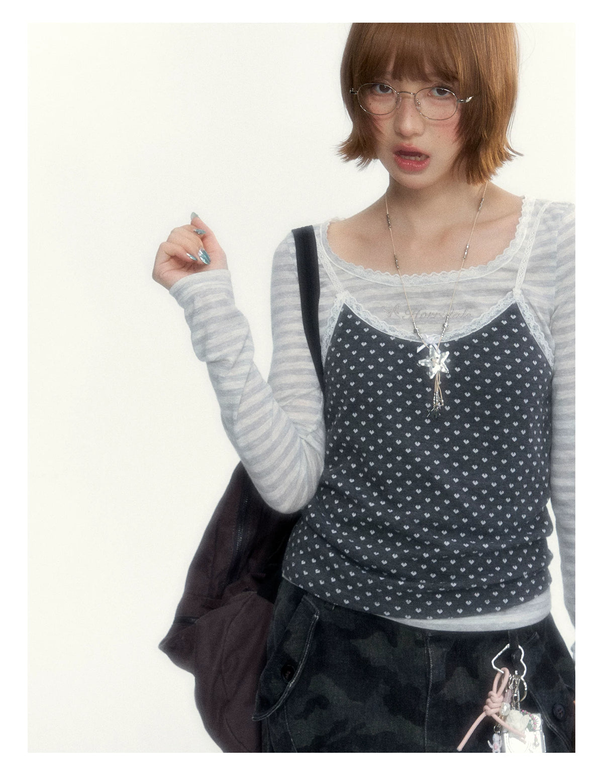 “Early Gray” Light Gray Striped Lace-Trimmed Fitted Long-Sleeve Top