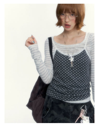 “Early Gray” Light Gray Striped Lace-Trimmed Fitted Long-Sleeve Top