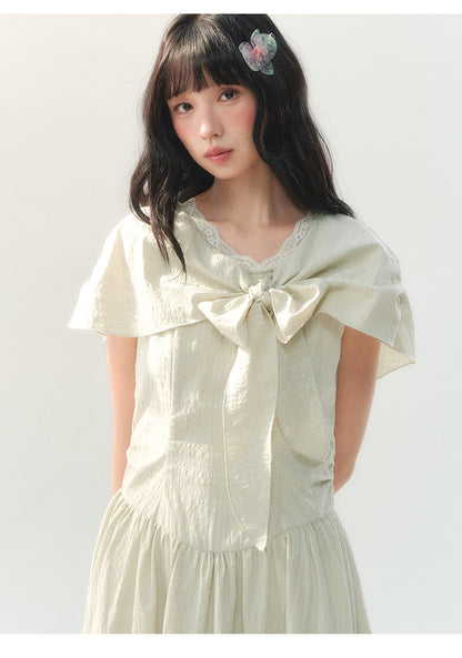 [CAN] "Willow Ribbon" Sage Green Cape Tie-Waist Midi Dress