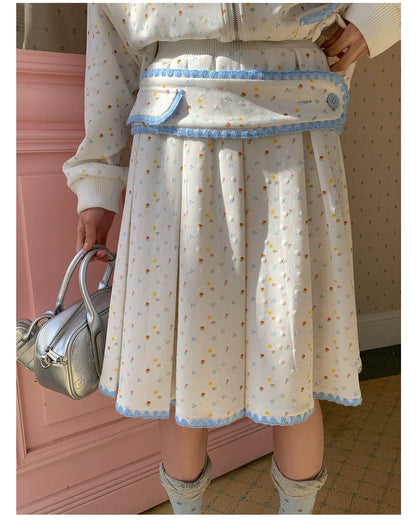 “Snow Bunny Reverie” Ivory Rabbit Ear Hoodie & Floral Pleated Mini Skirt