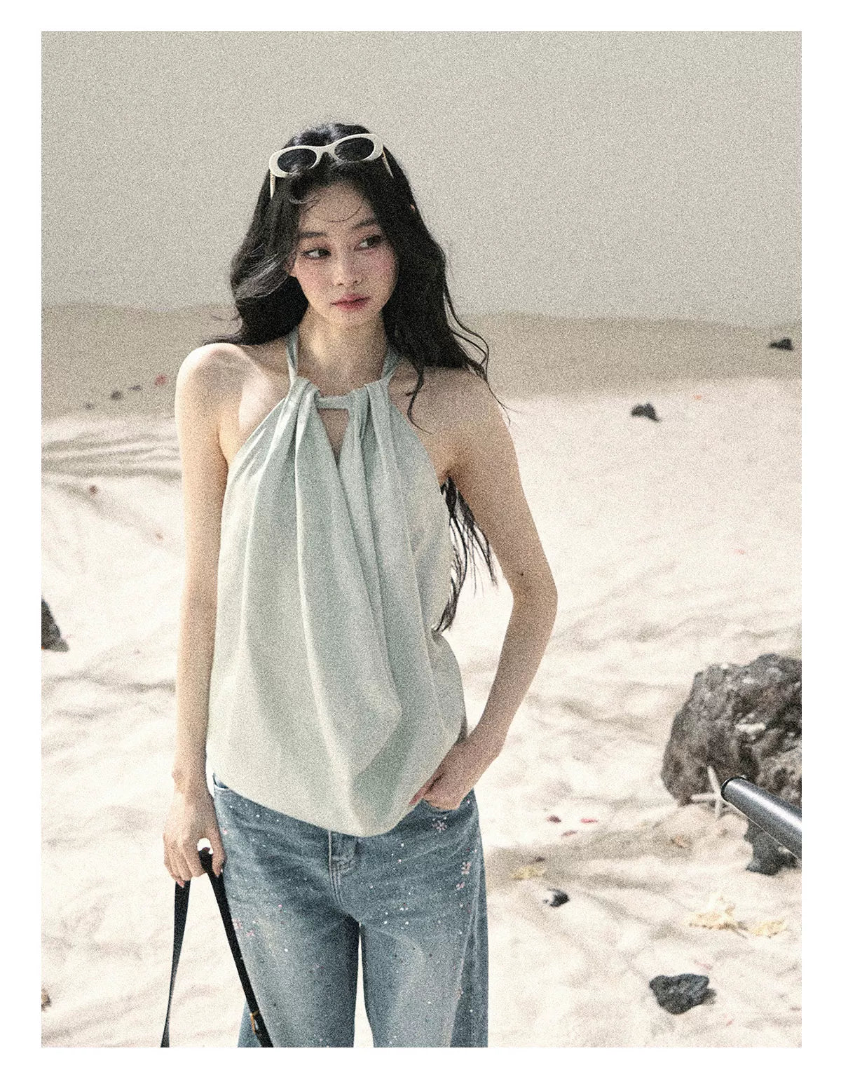 "Flowing Silk Reverie" Light Bean Green Halter Backless Top 536845