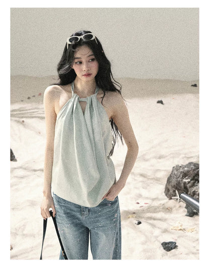 "Flowing Silk Reverie" Light Bean Green Halter Backless Top 536845