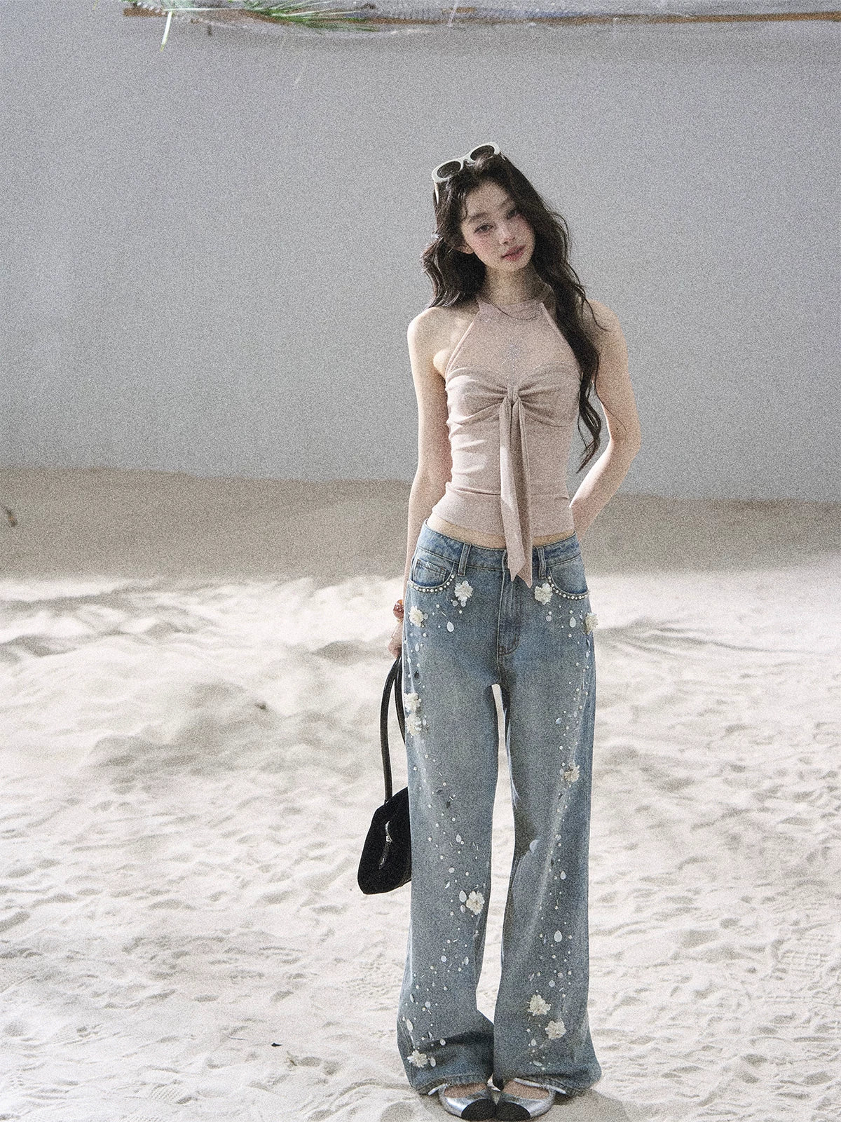 "Galaxy in Your Eyes" Milk Tea Halter Mesh Knit Top