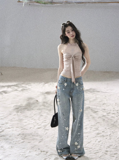 "Galaxy in Your Eyes" Milk Tea Halter Mesh Knit Top