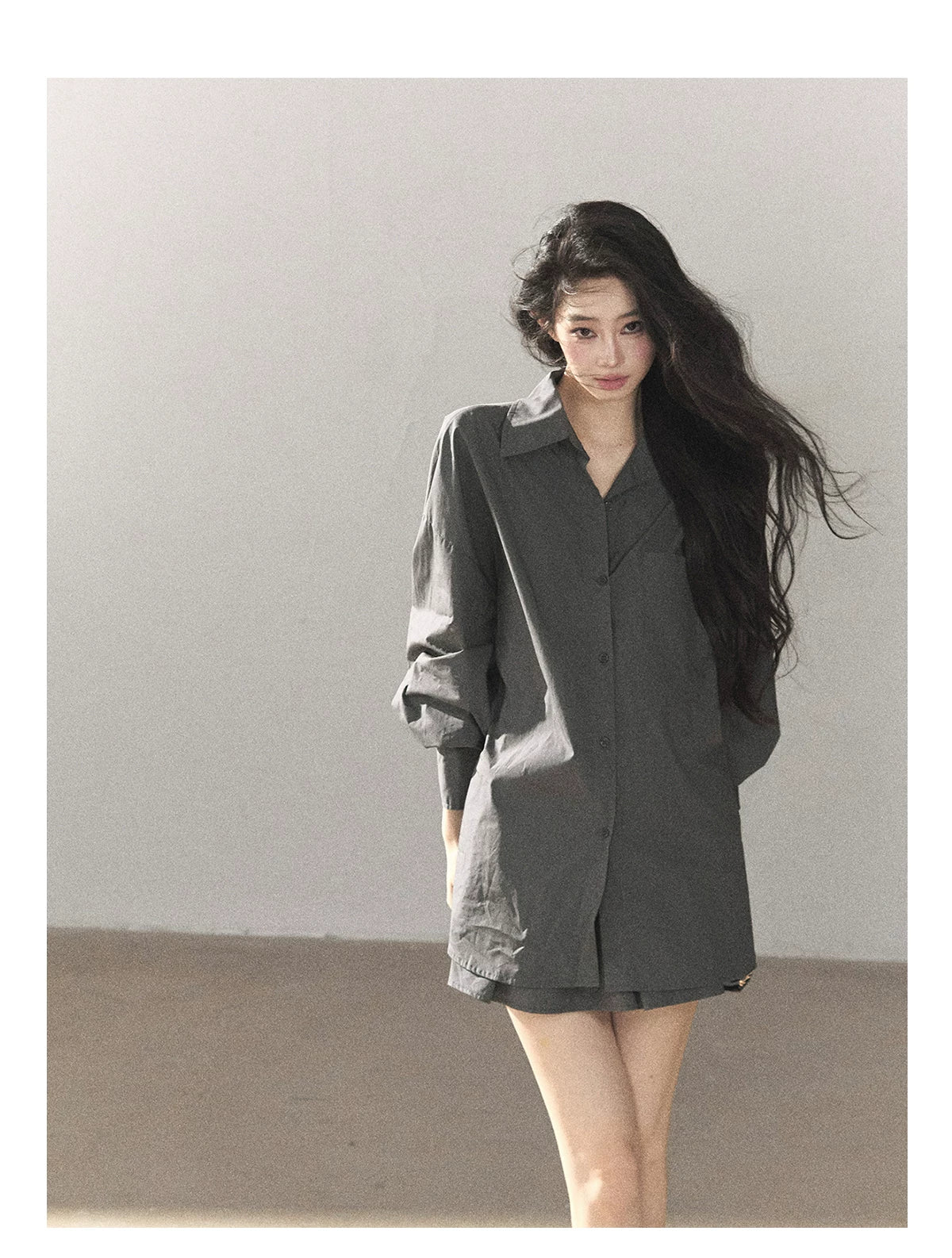 AOMALM - Thin Dusk Gray Bow-Back Shirt & Bubble Mini Skirt Set