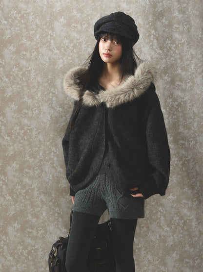 Soote Season - Dark Gray Wool Batwing Cape Coat with Faux-Fur Collar