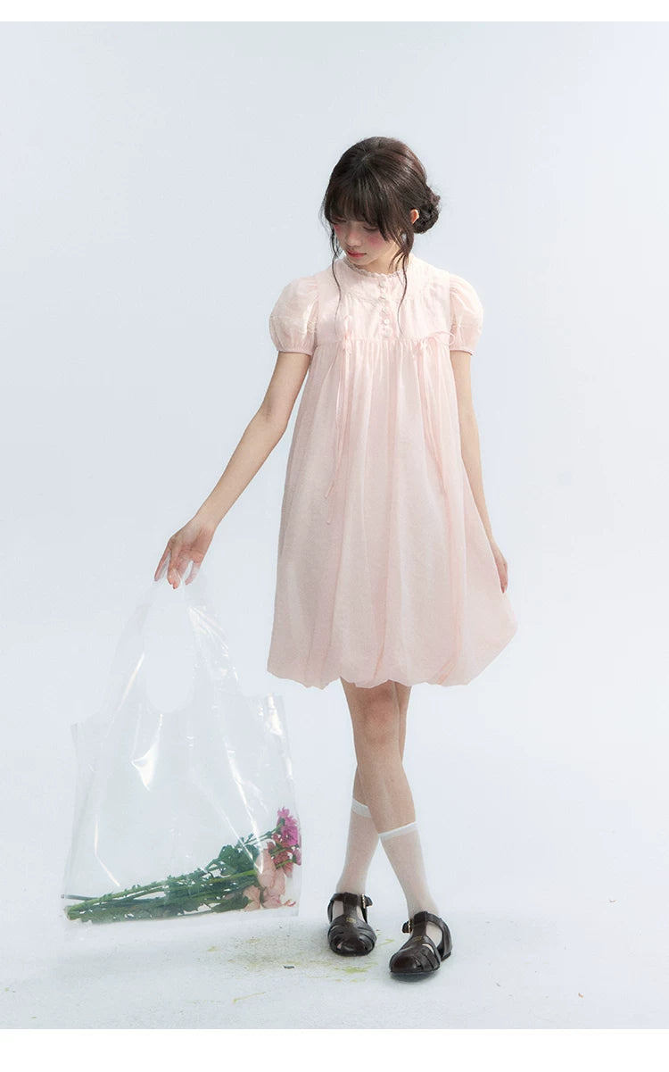 "Little Princess" Strawberry Pink Lace Bow Bubble Hem Midi Dress