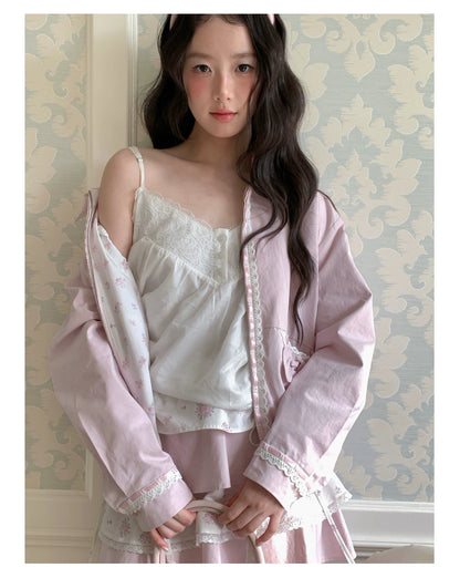 [RF] “Blush Meadow” White & Pink Floral Reversible Jacket and Mini Skirt Set