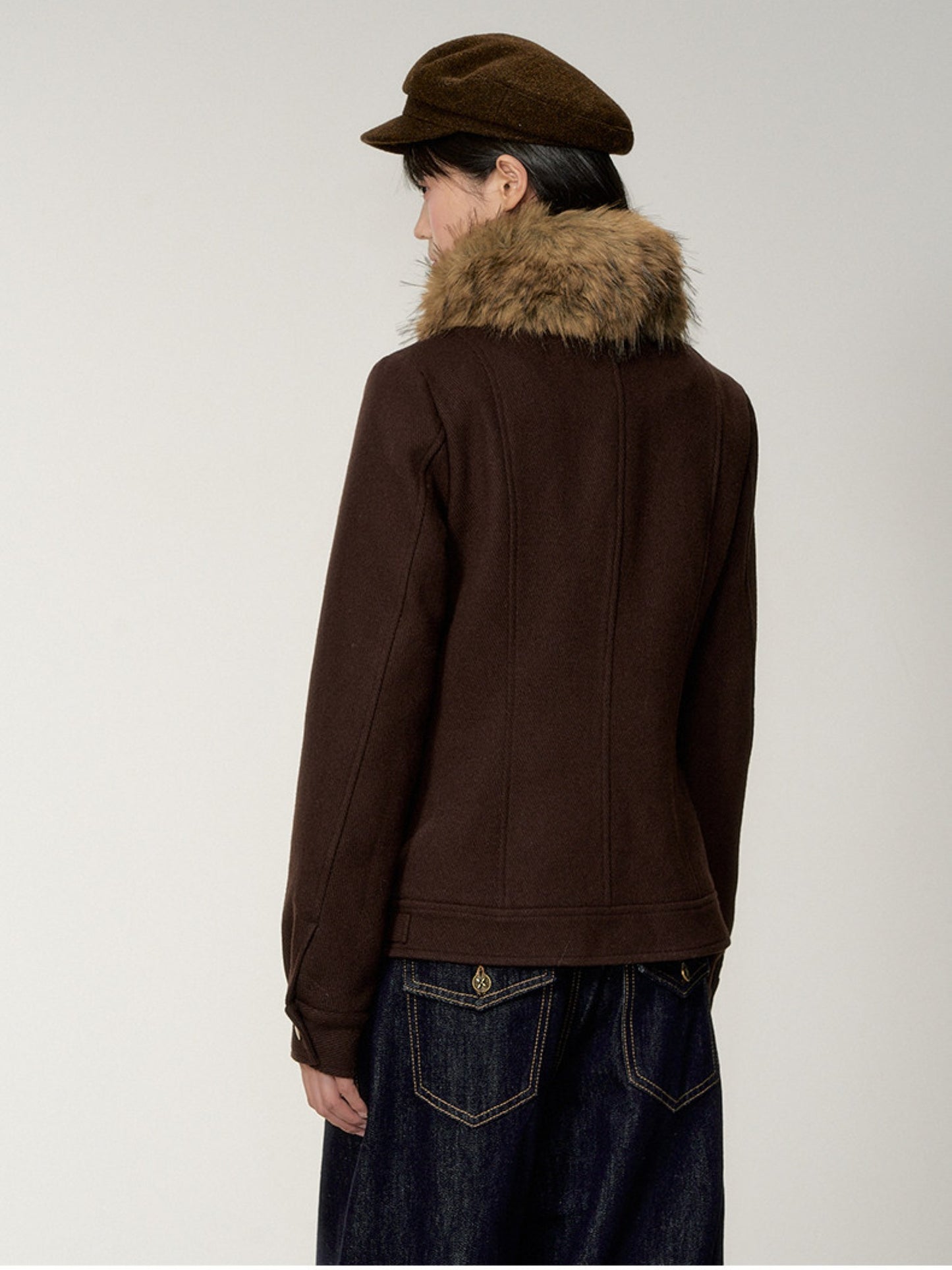 Soote Season - "Deep Roast" Twill Wool Fur-Collar Cinched Jacket