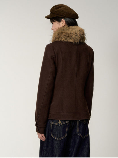 Soote Season - "Deep Roast" Twill Wool Fur-Collar Cinched Jacket
