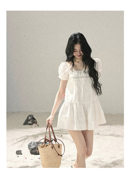 "Light as a Cloud" Frost White Puff Sleeve Lace Babydoll Mini Dress